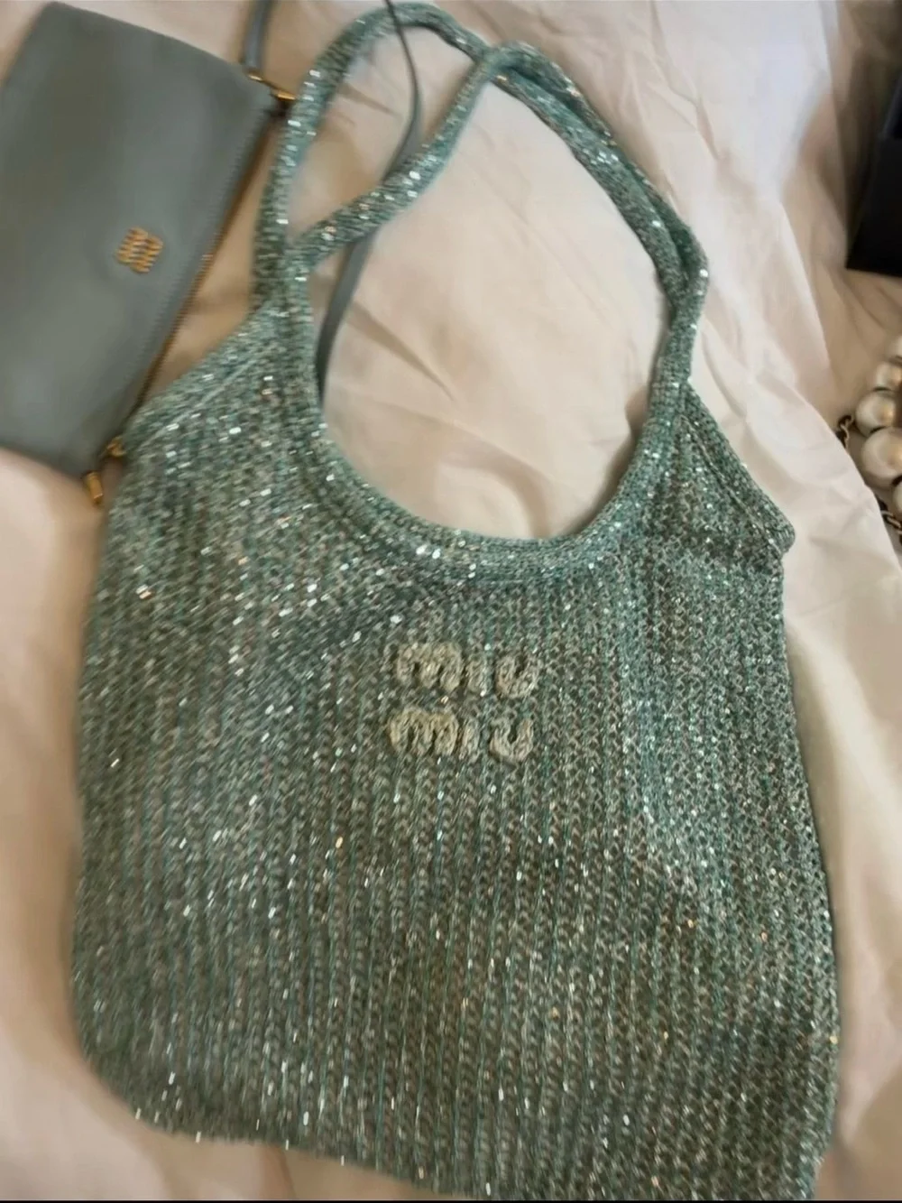 Miu Miu Teal Knit Tote with Matching Teal Pouch